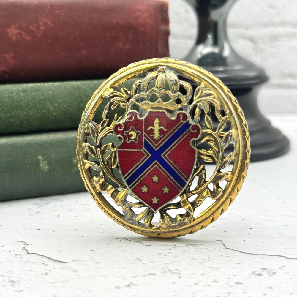 Vintage Heraldic Shield Enamel Brooch Pin Gold Tone Royal Crest Coat of Arms